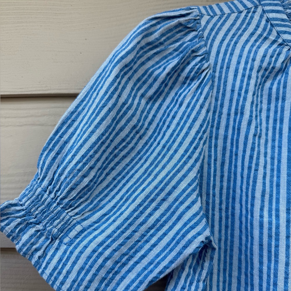 Apiece Apart Los Altos Top Blue Seersucker Stripe Puff Sleeve Henley - Picture 6 of 13